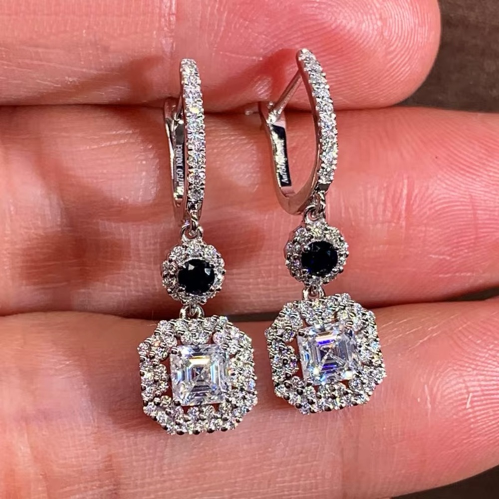 💙 Elegant Blue Sapphire & CZ Diamond Halo Drop Earrings